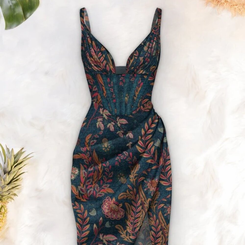 Floral V-Neck Midi Dress in Teal